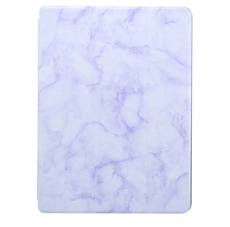 Tri-fold marbling imitation leather iPad case with a visible Apple Pencil slot, shown in dark grey.