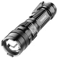 Mini black aluminium LED torch with telescopic zoom and clip for carrying