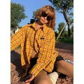 Loose fit dopamine yellow plaid shirt with cardigan styling in polyester blend fabric