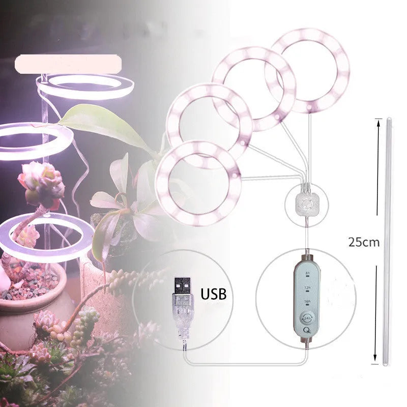 USB-powered LED plant grow light with full spectrum yellow LEDs, acrylic mounting stick, in pink/white colour.