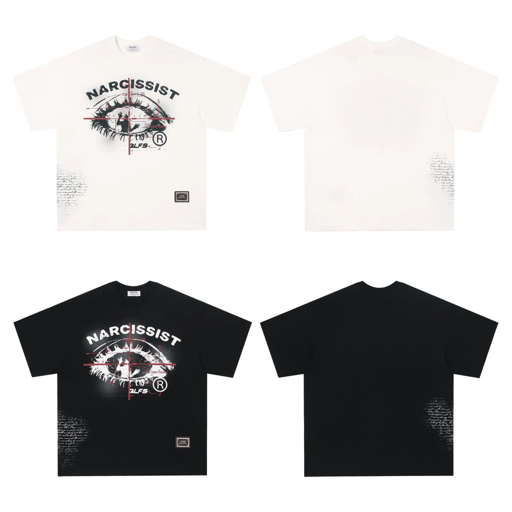 Retro style white cotton T-shirt with black letter print, short sleeves, laid flat.