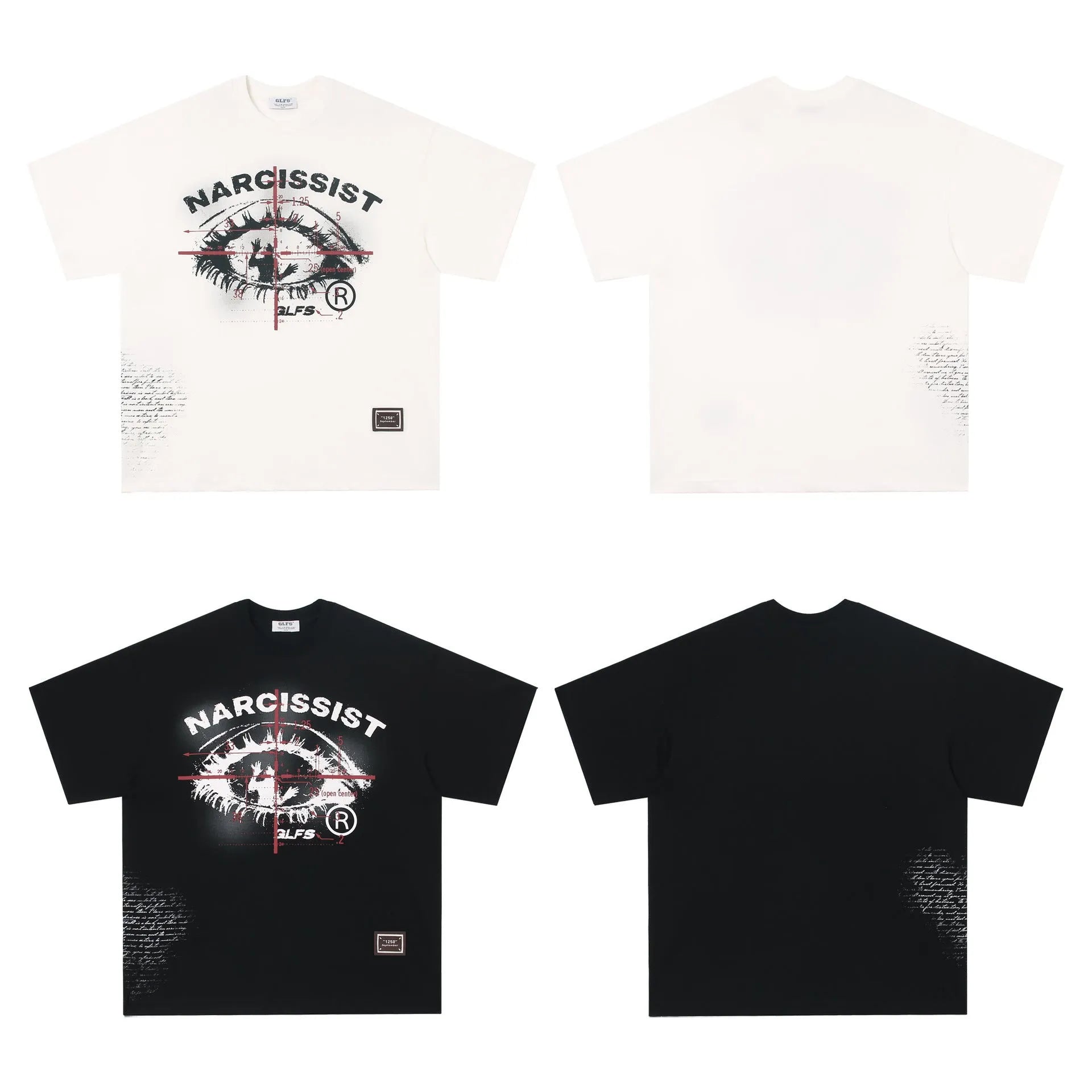 Retro style white cotton T-shirt with black letter print, short sleeves, laid flat.