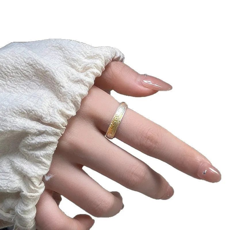 White copper adjustable ring with geometric Xiangyun cloud pattern and electroplated silver-gold finish