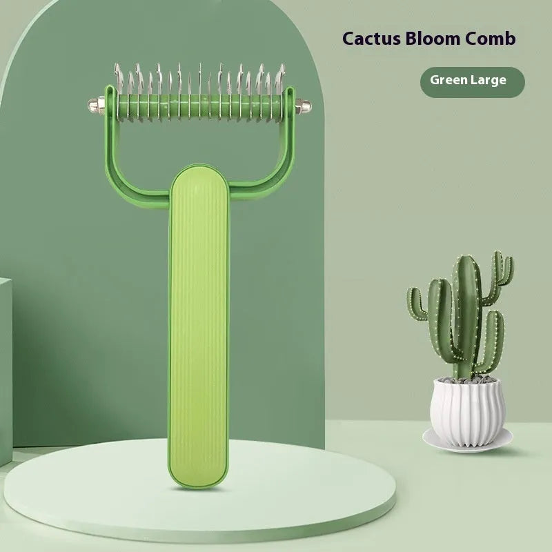 Green and grey pet grooming comb with stainless steel blades for de-tangling dog fur in small and large sizes