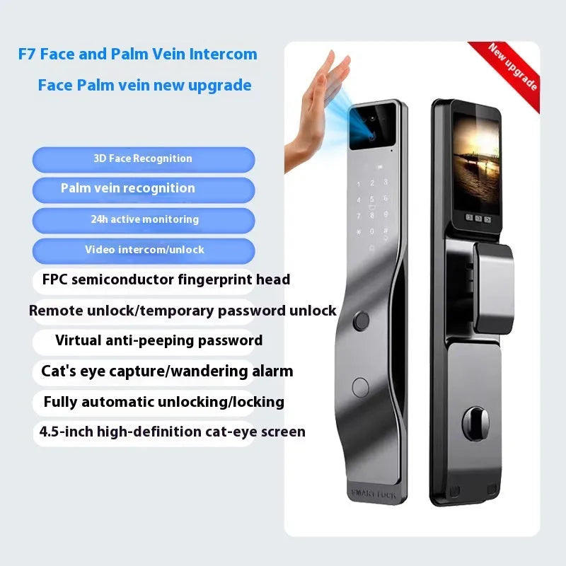 F7 face recognition fingerprint password smart door lock in aluminium alloy housing with electronic keypad