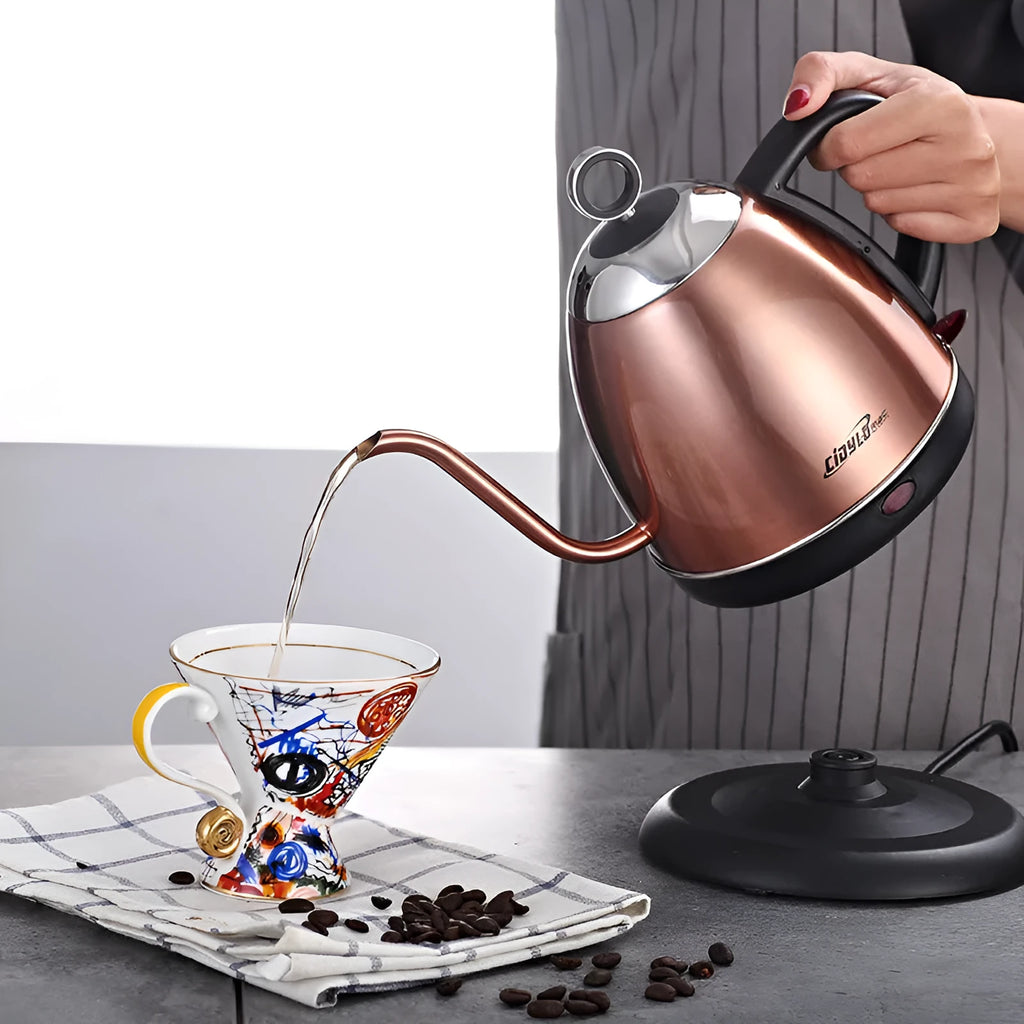 Stainless steel electric kettle in gold colour with touch control panel and 1L capacity