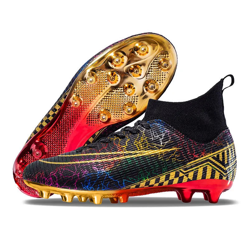 Men's high-top football shoes with gold plated sole in white, black, and mandarin duck colours.