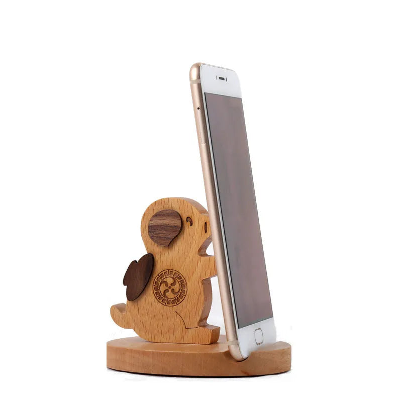 Resin mobile phone holder with beech wood animal design and coin storage compartment