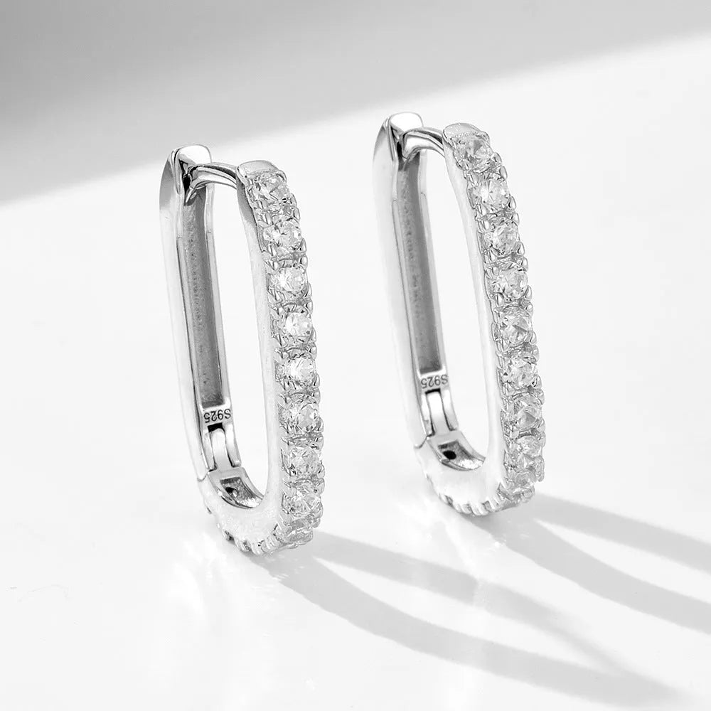 Sterling silver oval zircon ear clip earrings in geometric design