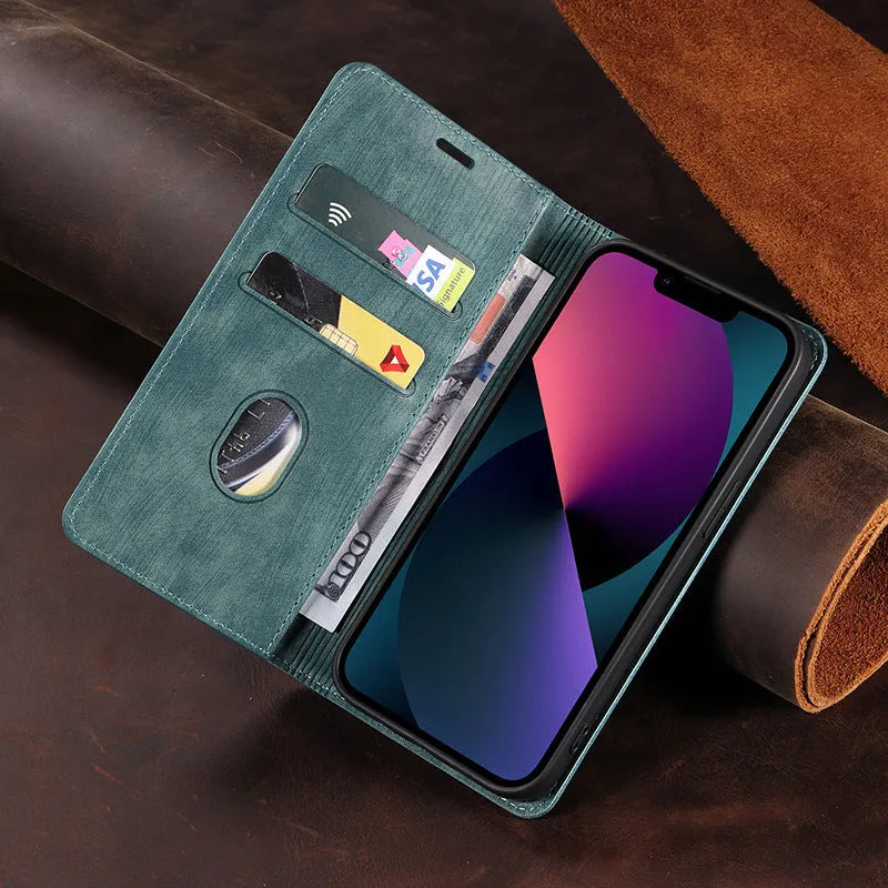 Magnetic flip phone case for iPhone in various colours showing TPU and leather construction
