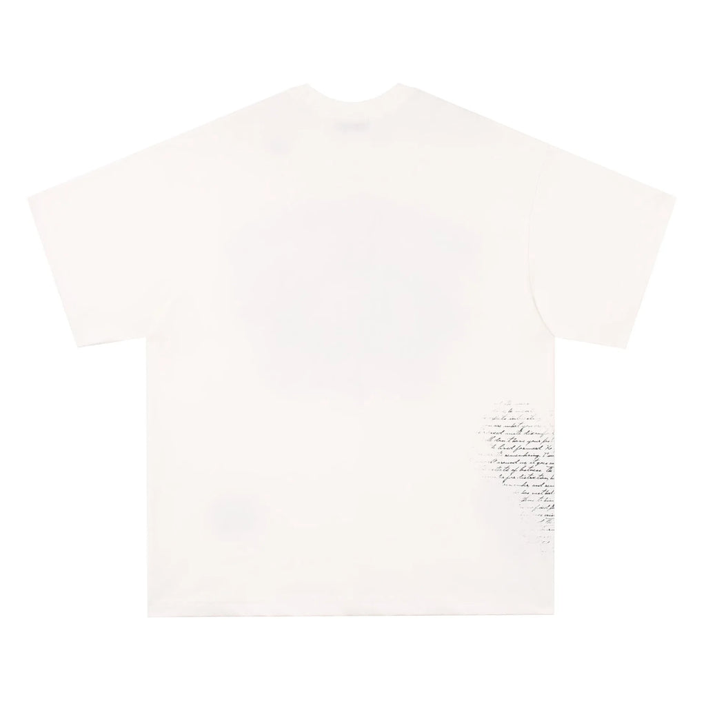 Retro style white cotton T-shirt with black letter print, short sleeves, laid flat.