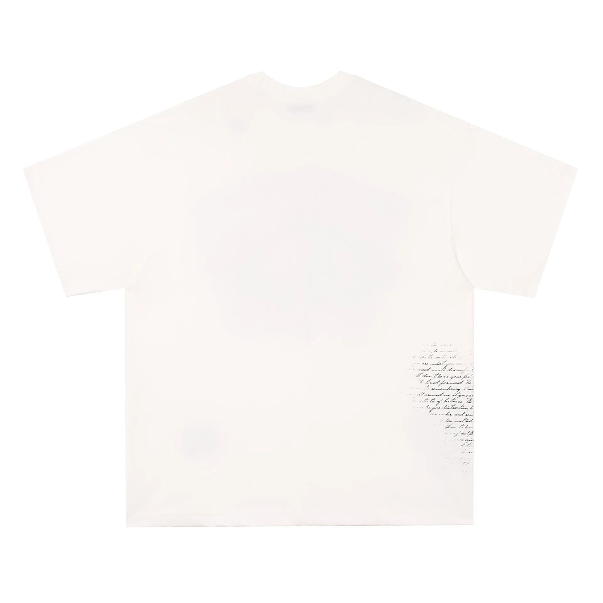 Retro style white cotton T-shirt with black letter print, short sleeves, laid flat.