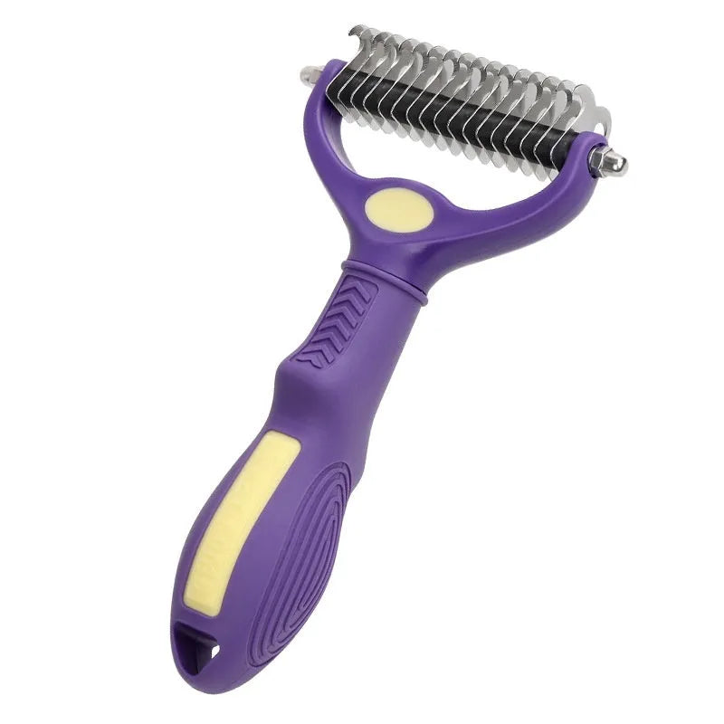 Purple plastic double-sided pet grooming comb for removing tangles and knots