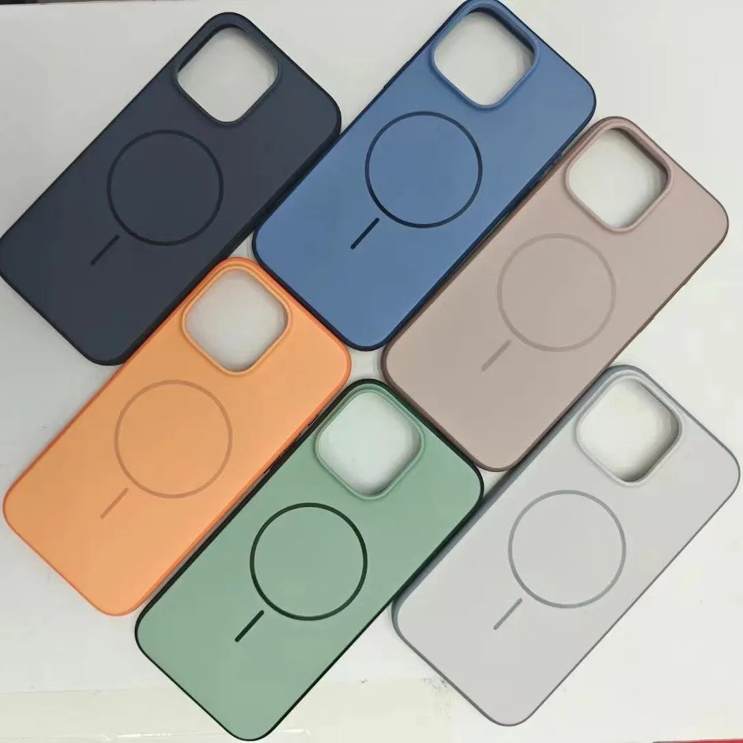 Frosted blue magnetic protective case for Apple iPhone 16 and 17 series phones on a white background.