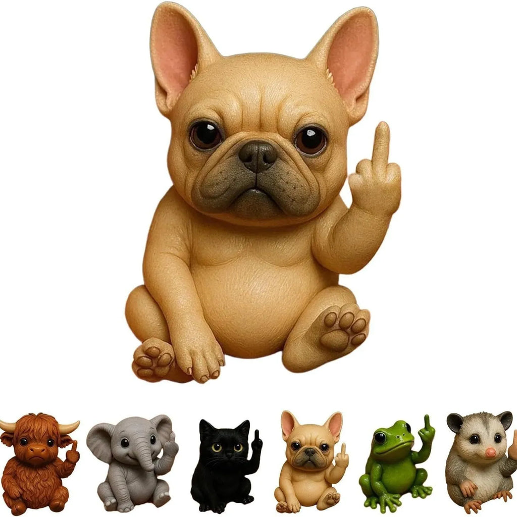 Mini resin animal doll in a middle finger pose, showing options for cat, dog, elephant, frog, Highland cattle, mouse, and turtle styles.