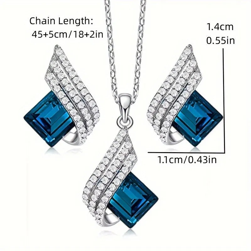 Ladies necklace and earring set with alloy pendant on cross chain, glass accents, electroplated finish