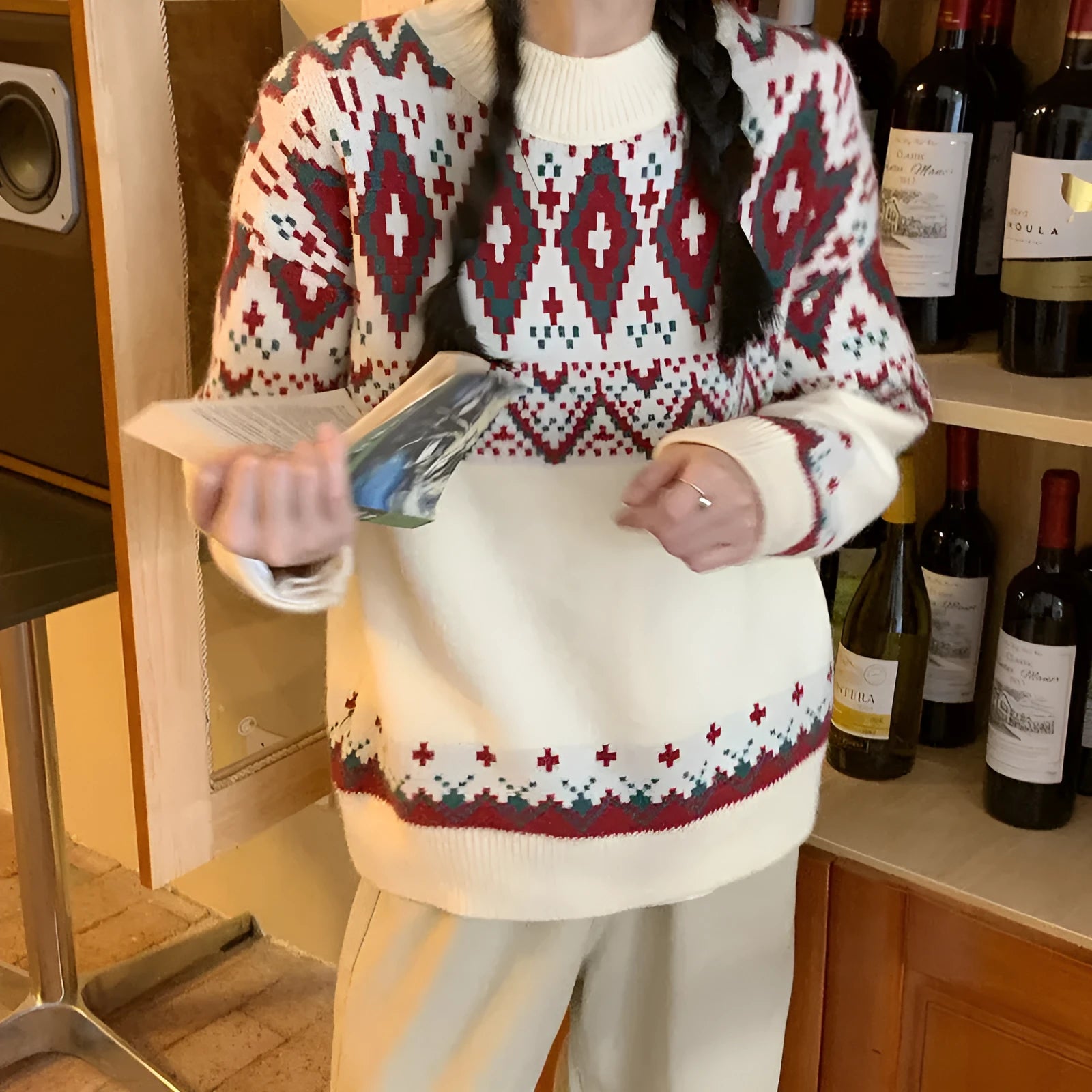 Retro striped pullover knitted top with long sleeves in loose straight cut design