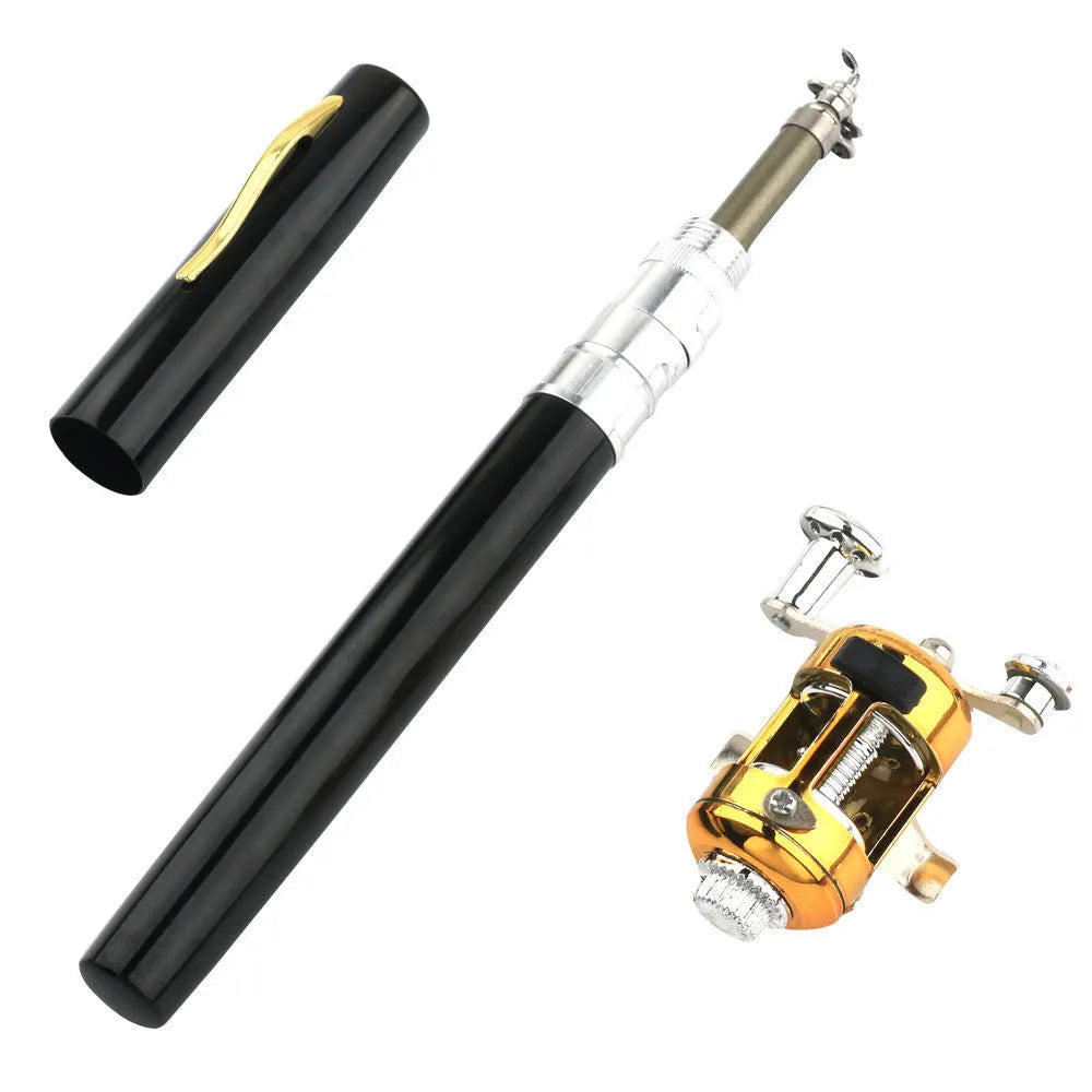 Portable telescopic fishing rod and reel kit collapsed in aluminium pen case with colour options displayed