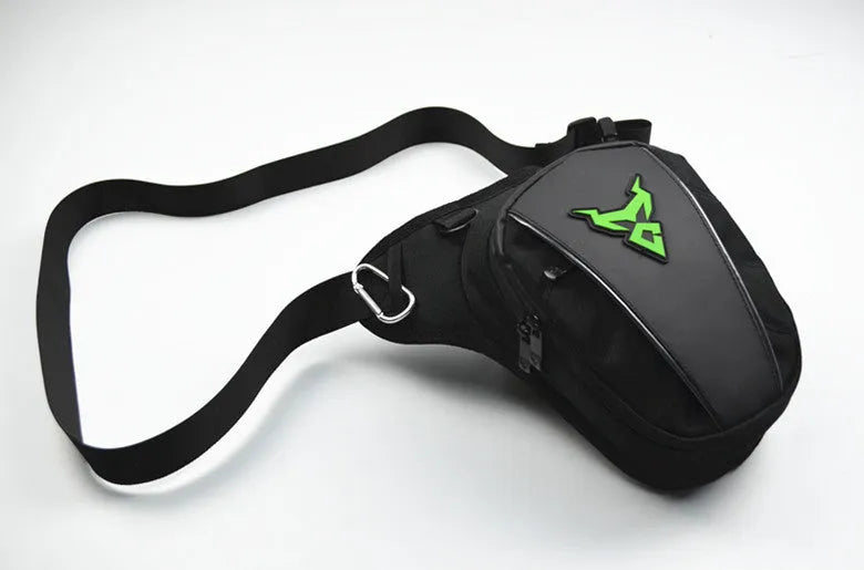 Motorcycle leg bag in red, blue, green, or grey, showing adjustable straps and 1200D Oxford cloth construction.