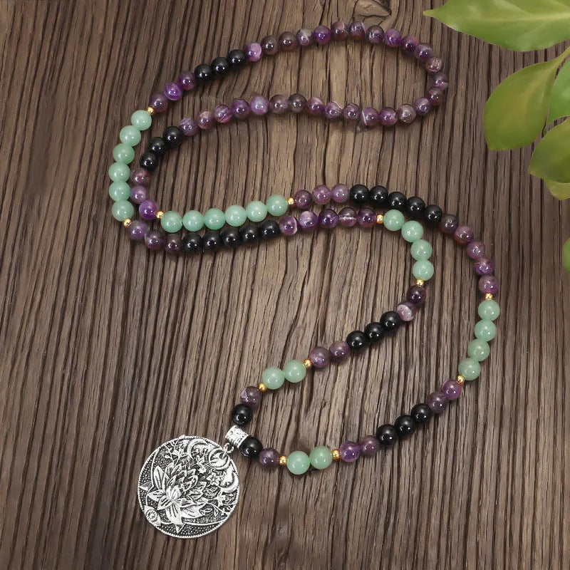 Yoga lotus pendant necklace and matching bracelet set with stone beads and adjustable length
