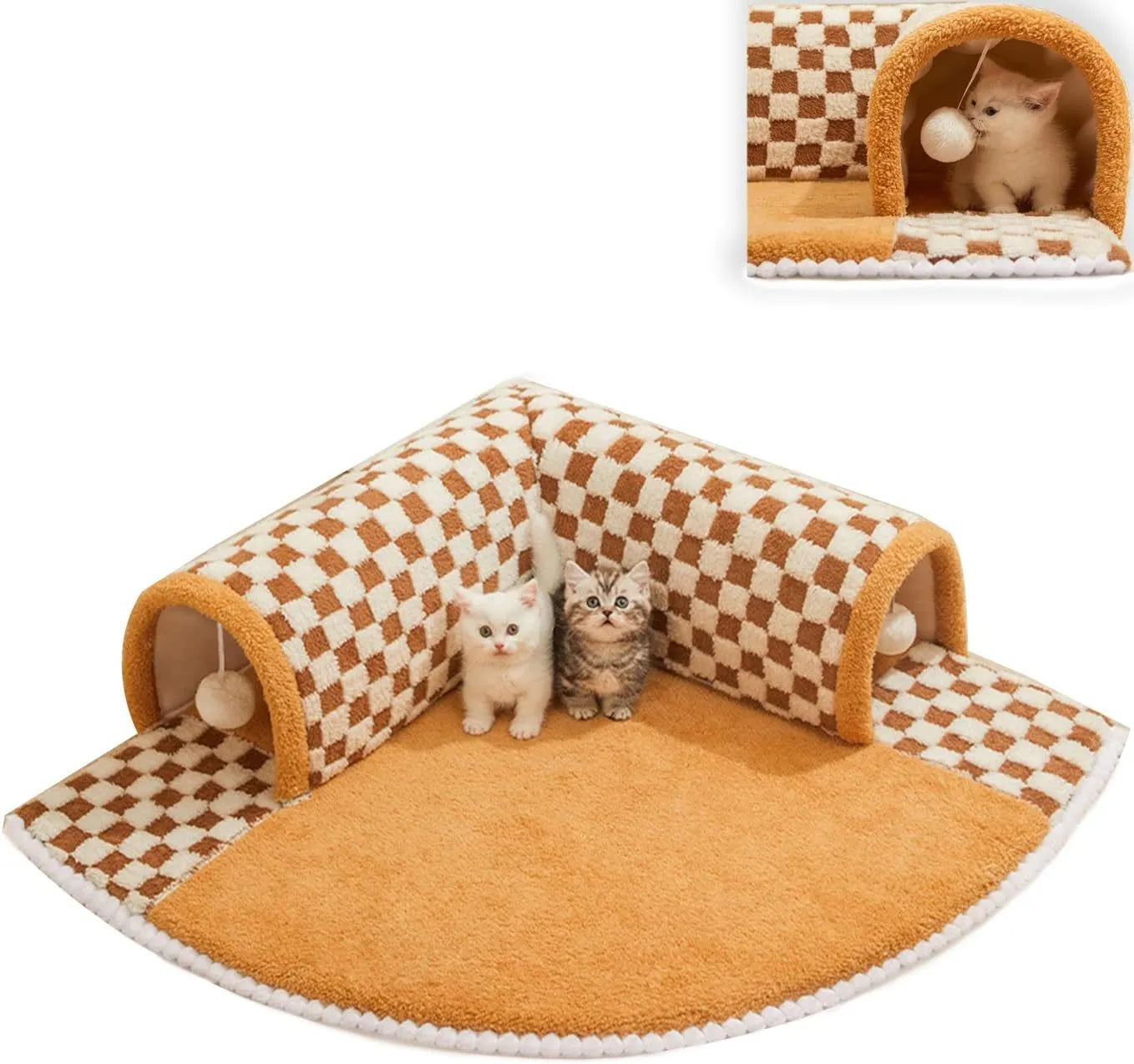 Brown plush plaid cat tunnel bed with central mat and zippered collapsible tunnel for indoor cats