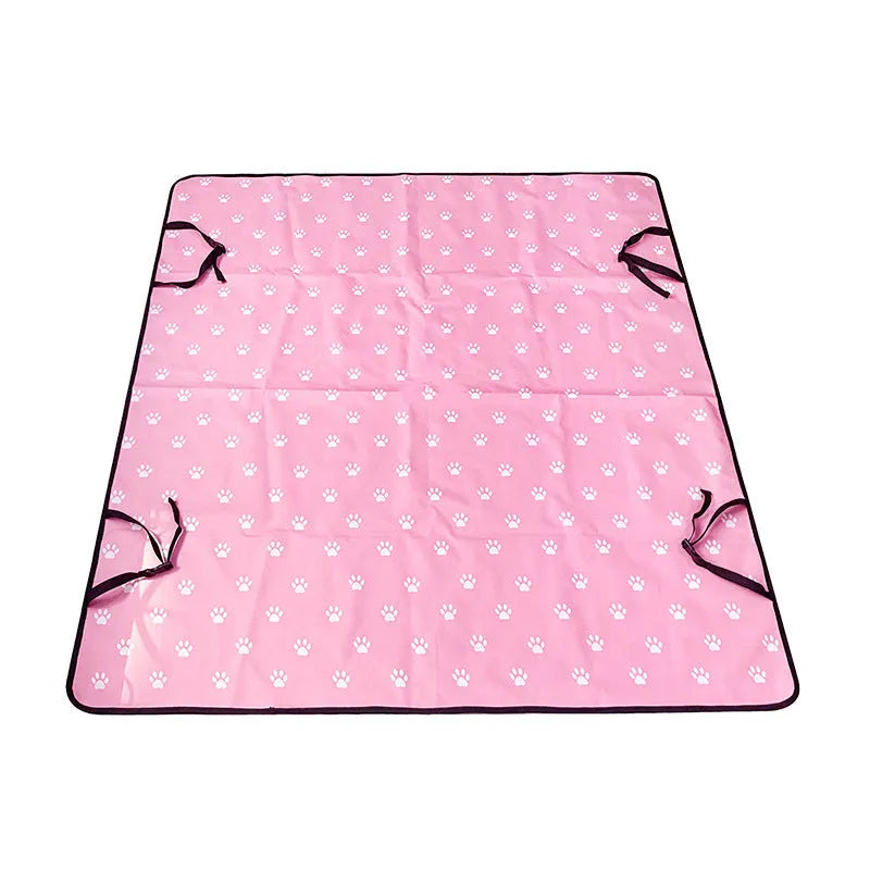 Waterproof car rear seat pet mat with non-slip backing in grey with dog footprint pattern