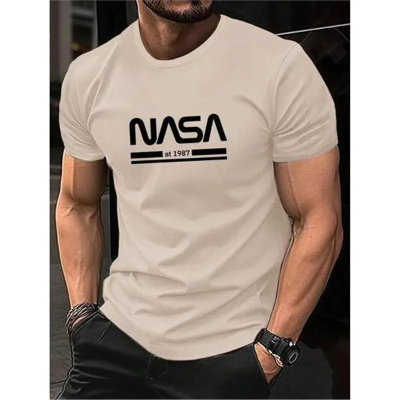Printed slim-fit men's short sleeve cotton T-shirt on a hanger, shown in multiple colour options.
