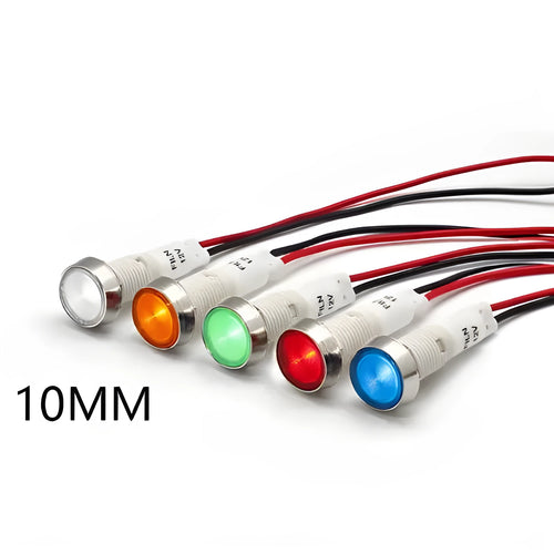 10mm stainless steel edge plastic indicator light with attached wire in multiple colours