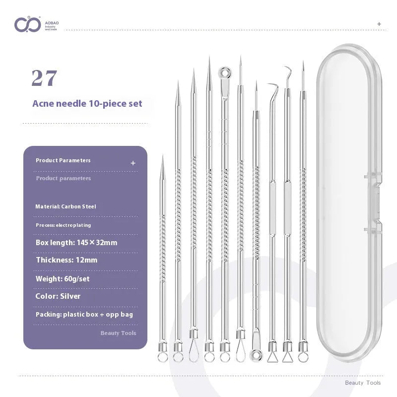 Four silver metal acne needles with pointed tips laid out on a flat surface.