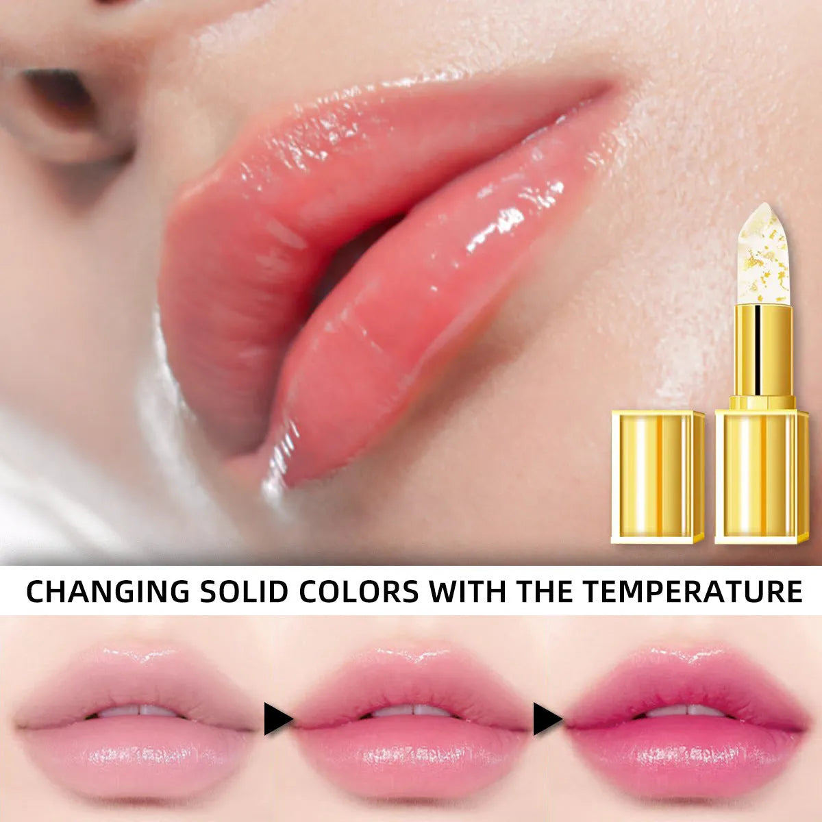 Anti-smudge lipstick with warm colour-changing effect and gilding finish