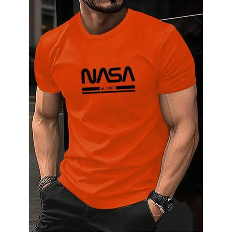 Printed slim-fit men's short sleeve cotton T-shirt on a hanger, shown in multiple colour options.