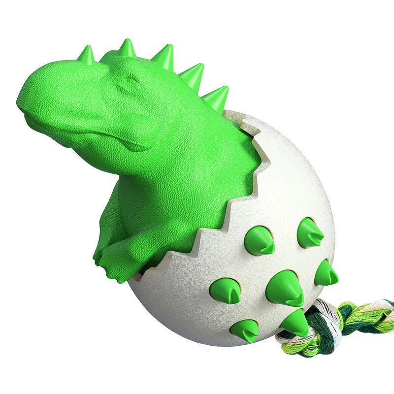 Blue durable rubber dinosaur dog chew toy with nylon rope for aggressive chewers