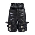 Black men's PU leather casual cropped shorts with a medium-low waist on a mannequin.