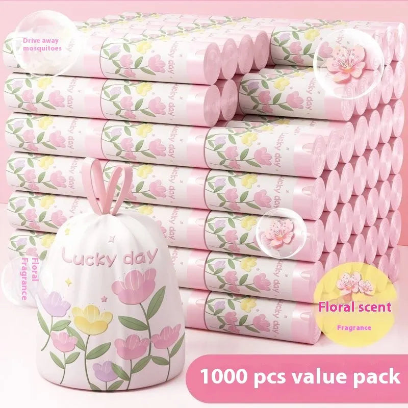Pink degradable drawstring garbage bags with mosquito repellent properties, size 44cm by 48cm.