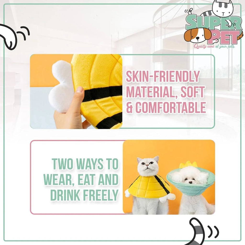 Soft fabric cat cone collar with black and yellow bee design and Velcro closure.