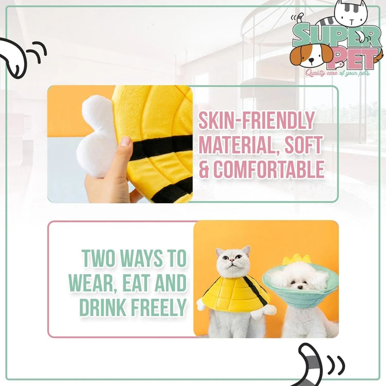 Soft fabric cat cone collar with black and yellow bee design and Velcro closure.