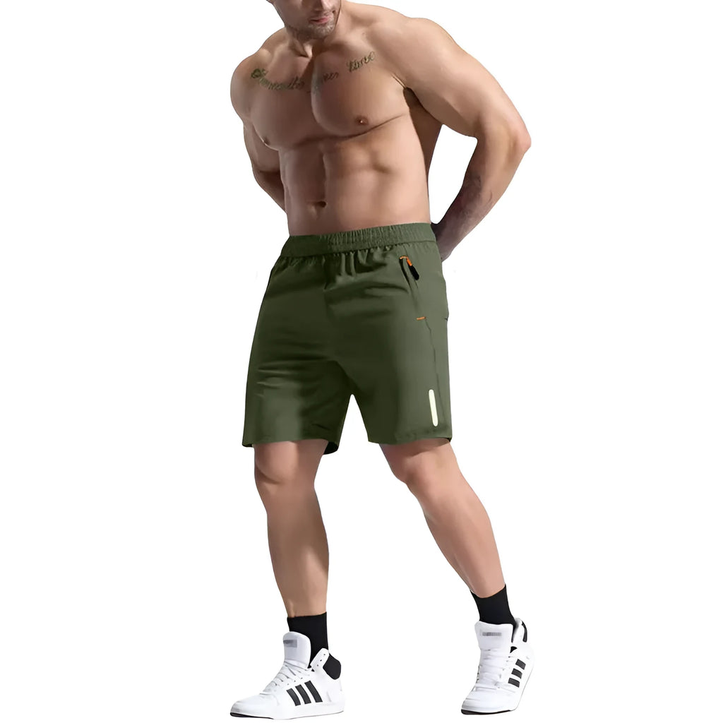 Men's grey elastic waist sports shorts made from bamboo blend fabric on a plain background.