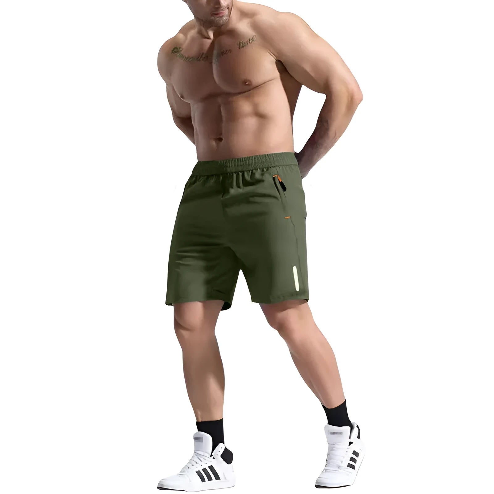 Men's grey elastic waist sports shorts made from bamboo blend fabric on a plain background.