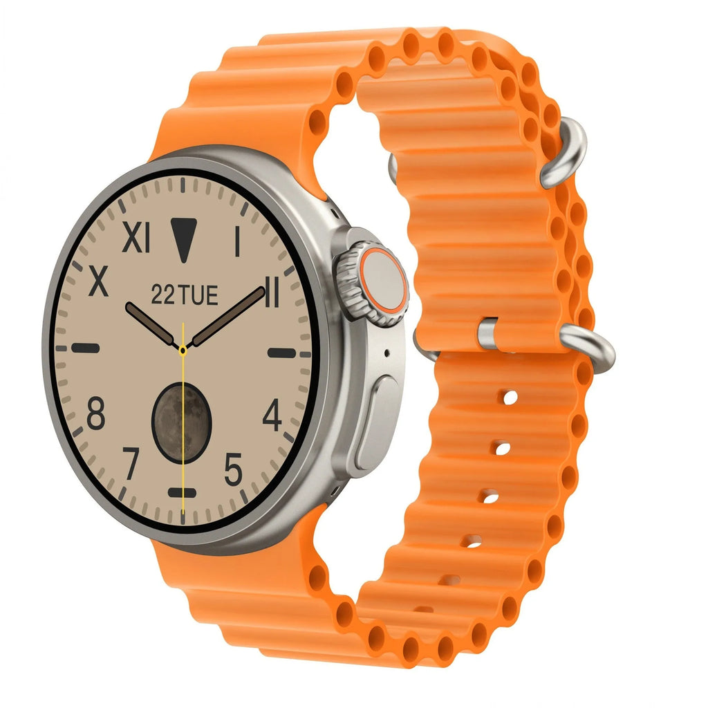 Black K9 smart watch with round screen on a silicone strap, showing a fitness stats dial.