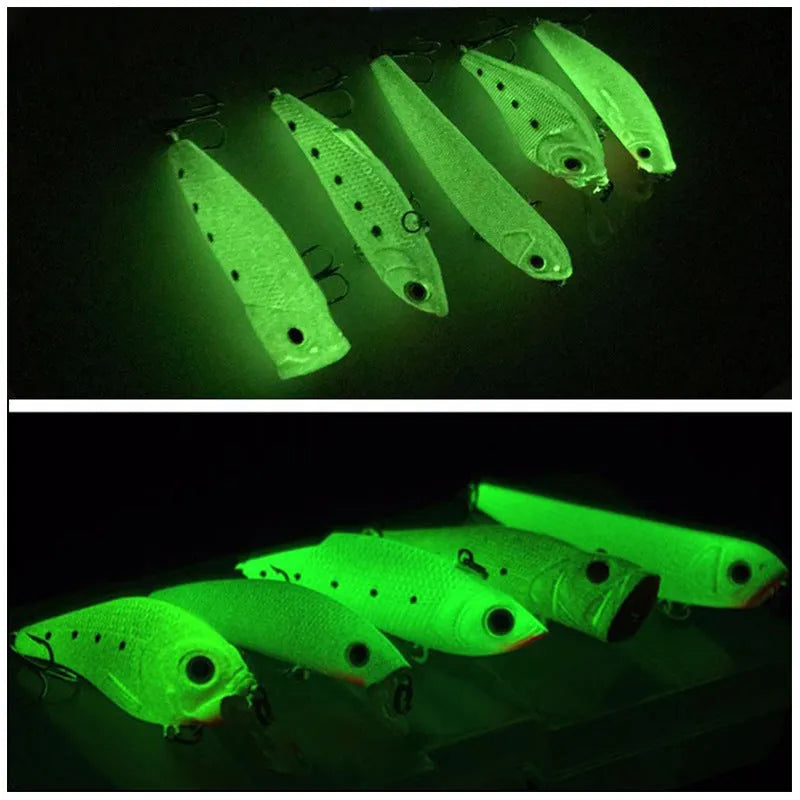 Five 3D fluorescent hard fishing lures with luminous properties for submerged fishing