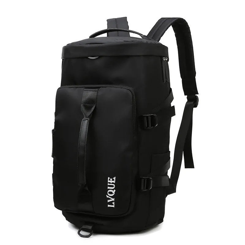 Waterproof nylon gym backpack with combination lock showing shoe compartment and multiple pockets