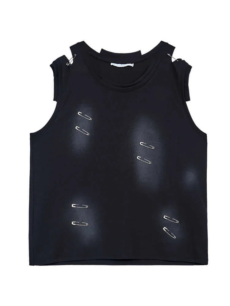 Men's black sleeveless waistcoat vest with irregular ripped cutting piece design and round neck collar