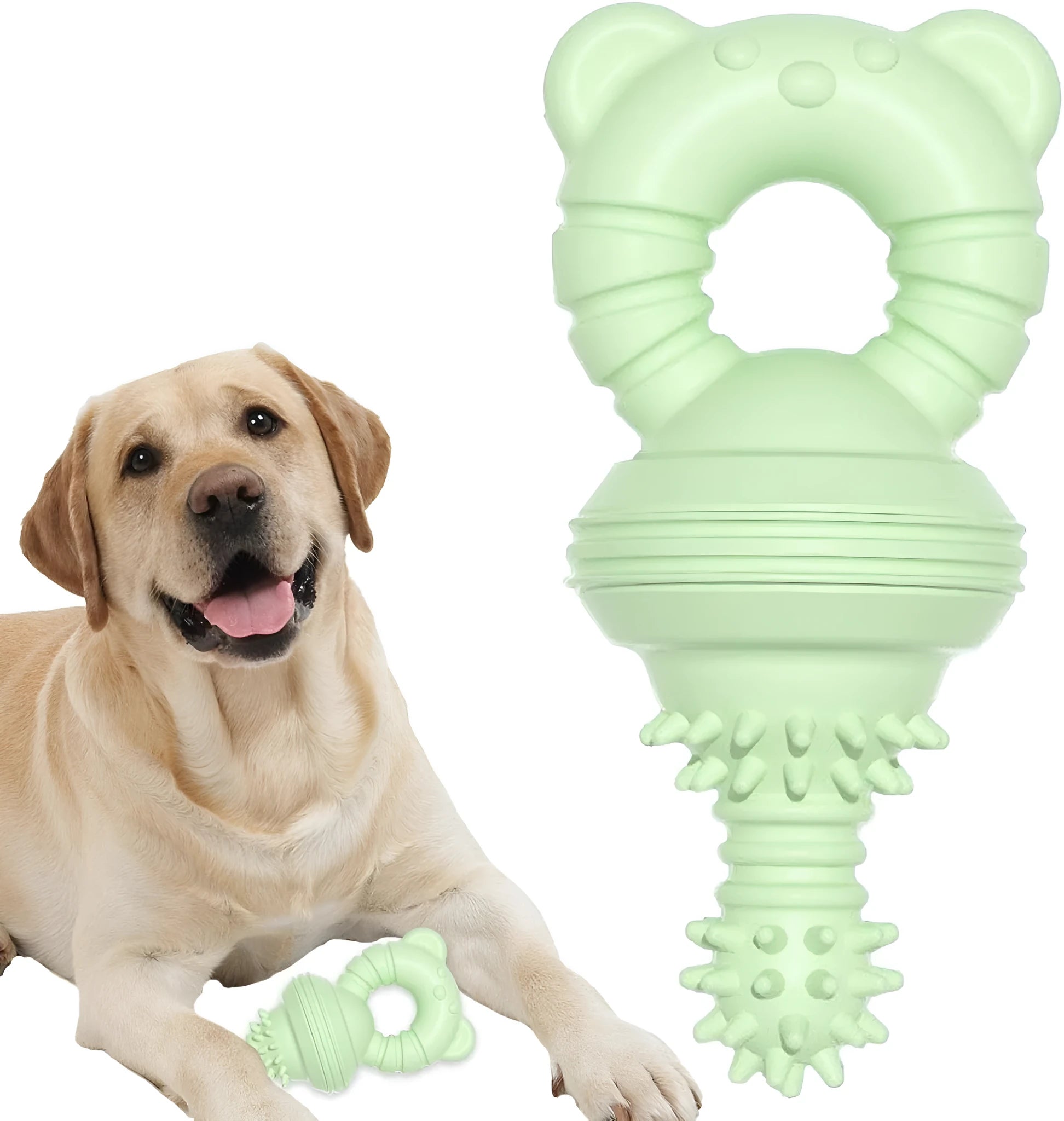 Blue rubber bell-shaped dog chew toy with textured surface for teeth cleaning