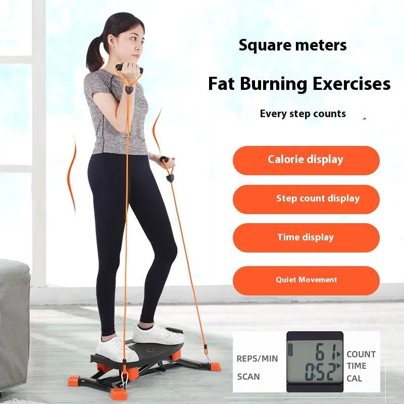 Black mini fitness skiing machine for home indoor exercise with elastic hand straps.