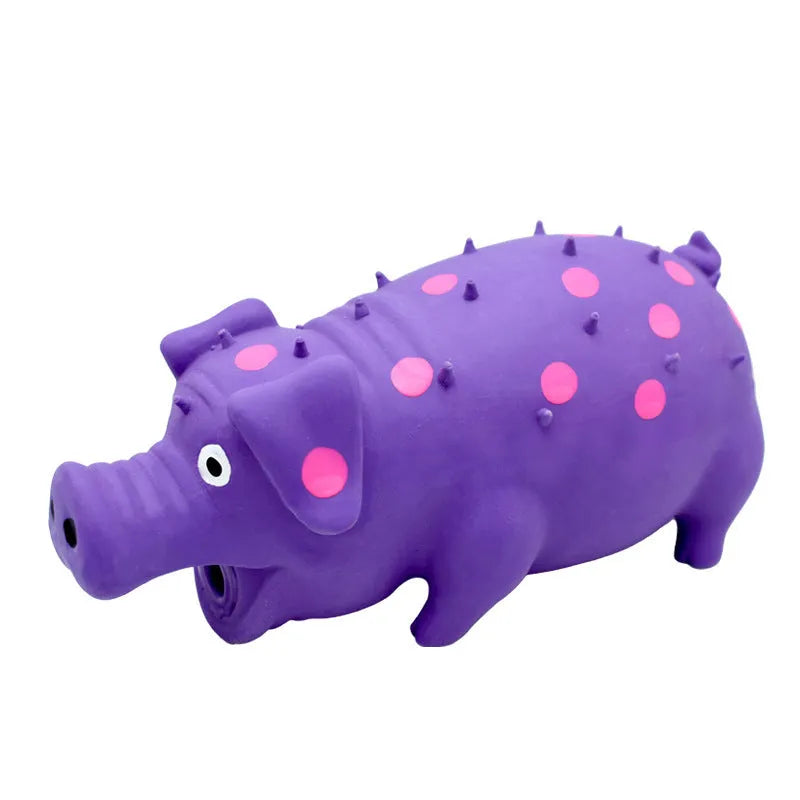 Blue pig-shaped latex dog chew toy with a textured surface and squeaker.