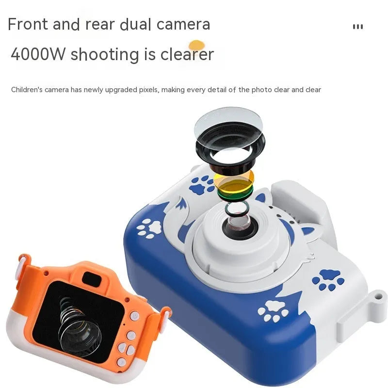 HD cartoon digital camera for children in blue or orange, shown with lanyard.