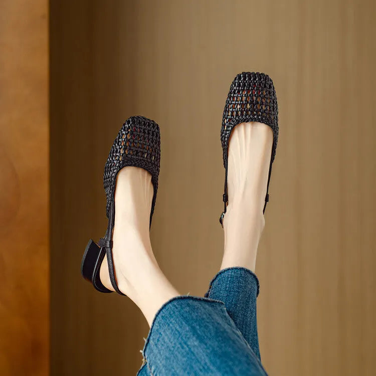 Women's woven hollow-out closed toe sandals with chunky heel and buckle fastening