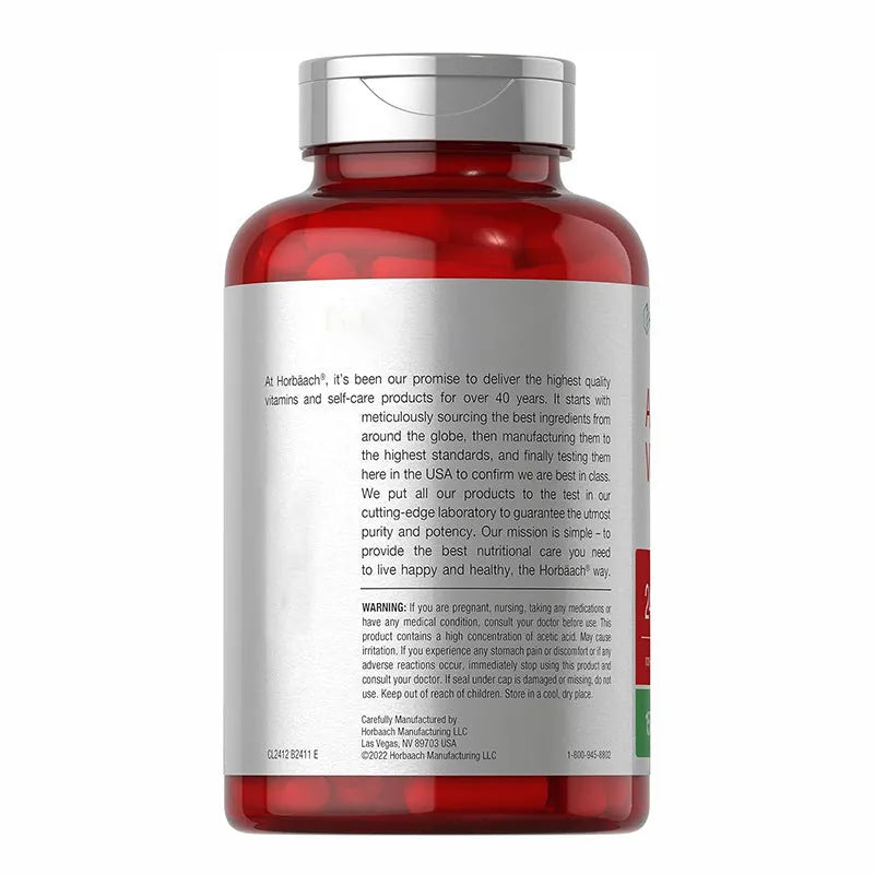 Bottle of 150 Health Vinegar Capsules containing apple cider vinegar dietary supplement tablets.