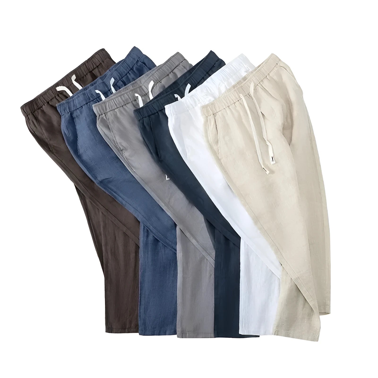 Pure linen Chinese style Li Gao trousers with elastic drawstring waist in a straight leg cut.