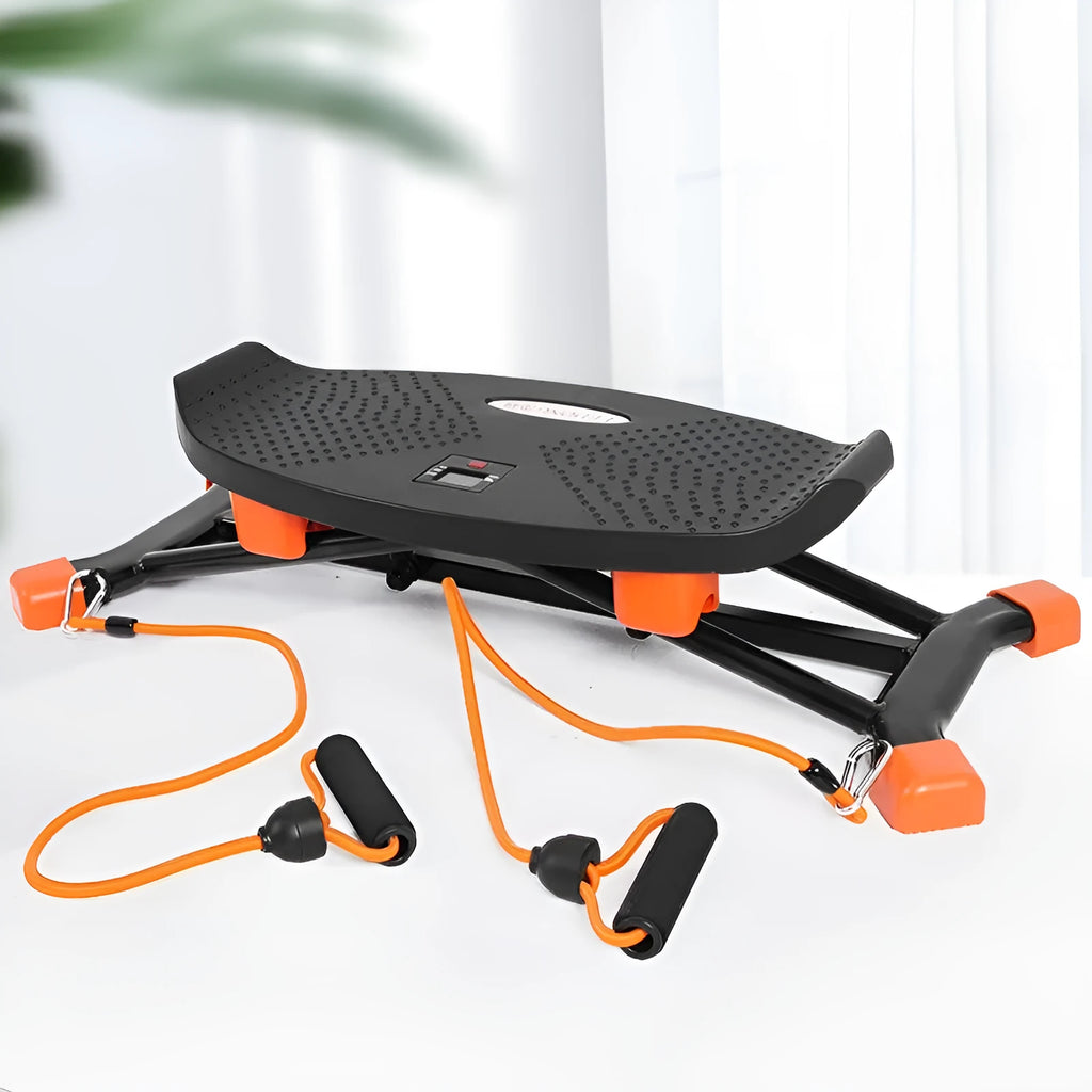 Black mini fitness skiing machine for home indoor exercise with elastic hand straps.